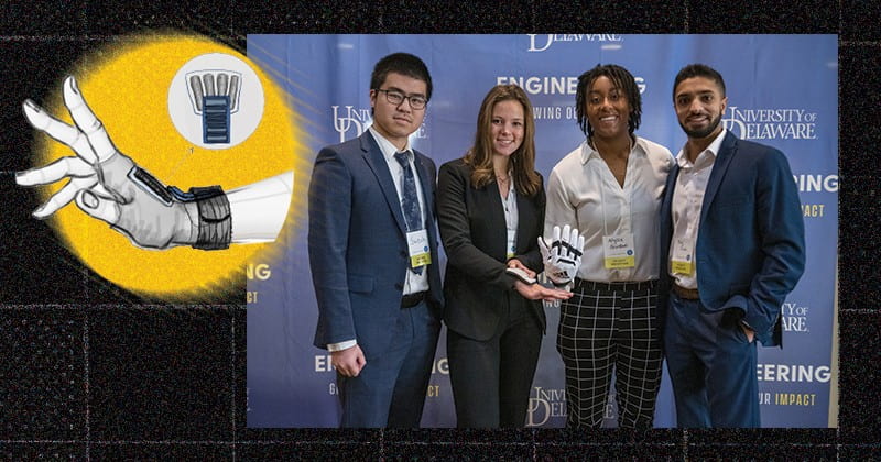 From left to right, Haonan “Switch” Huang, Emma FitzGibbon, Alyssa Giordani and Raj Shah created a prototype of a glove to protect the metacarpal bones of football players who have suffered a hand fracture. Their devices won the Rehabilitation Devices Award and the December showcase.