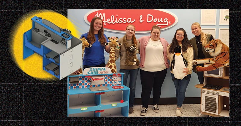 From left to right, Bethany Newton, Sarah Bartlett, Dani Moore and Zoe Smith worked with Melissa &amp; Doug’s Rachel Belter (middle) on a project sponsored by the company to tweak an already successful product in a way that could reduce packaging and shipping costs.